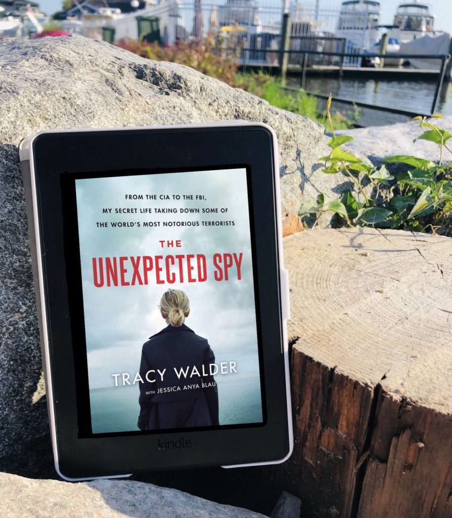 The Unexpected Spy displayed on ereader with a marina in the background