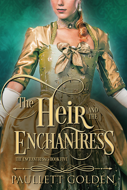 Heir and the Enchantress Book Cover, Woman wearing a golden regency gown with white elbow length gloves with a hunter green background