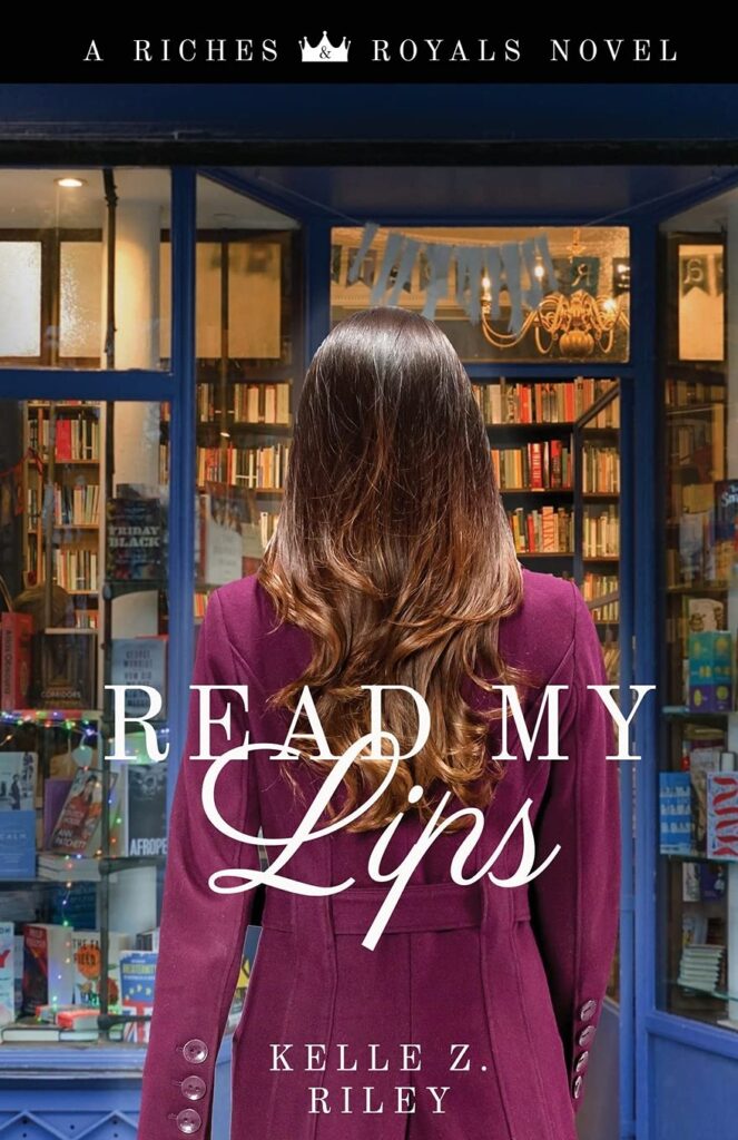 Read My Lips by Kelle Z Riley back of a brunette women dressed in a maroon jacket walking towards a bookstore